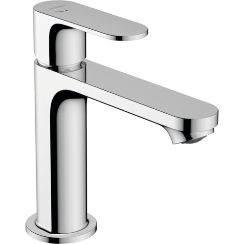 Chromowana bateria umywalkowa o nowoczesnym, cylindrycznym kształcie z płaskim uchwytem. Na górnej części uchwytu widoczne jest logo "Hansgrohe" oraz oznaczenia temperatury wody.