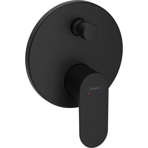 Czarna matowa bateria wannowa podtynkowa z okrągłą płytą montażową i prostokątną dźwignią, na której widnieje logo "hansgrohe" oraz oznaczenia ciepłej i zimnej wody w postaci czerwonej i niebieskiej kropki.