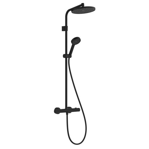 Czarny matowy zestaw prysznicowy natynkowy z deszczownicą i słuchawką prysznicową, zamontowany na pionowej rurze z uchwytem. Produkt posiada prosty, nowoczesny design bez widocznych napisów ani logo.
