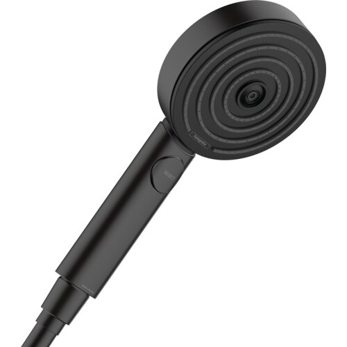 Czarna matowa słuchawka prysznicowa z okrągłą głowicą i przyciskiem oznaczonym napisem "SELECT" na uchwycie. Na głowicy widoczne jest logo "hansgrohe".