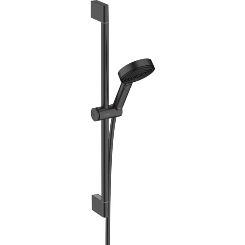 Czarny matowy zestaw prysznicowy z okrągłą słuchawką prysznicową zamocowaną na pionowej szynie. Produkt ma nowoczesny design i widoczne logo "Hansgrohe" na uchwycie.