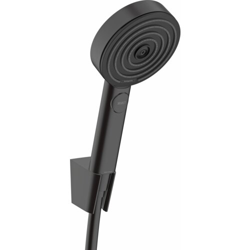 Czarny matowy zestaw prysznicowy z okrągłą słuchawką, na której widoczny jest przycisk z napisem "SELECT" oraz logo "hansgrohe". Słuchawka umieszczona jest w uchwycie, a na jej powierzchni znajdują się koncentryczne okręgi.