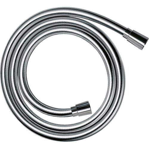 Na zdjęciu widoczny jest metaliczny, spiralnie zwinięty wąż prysznicowy z dwoma chromowanymi końcówkami. Produkt ma gładką, błyszczącą powierzchnię.