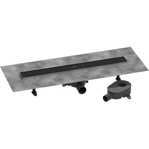 Na zdjęciu znajduje się odpływ liniowy o nowoczesnym designie, z czarną powierzchnią i metalowymi elementami, umieszczony na szarej płycie. Na odpływie widoczny jest napis "Hansgrohe".