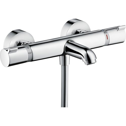Chromowana bateria wannowa natynkowa z dwoma pokrętłami i wylewką, na jednym z pokręteł widoczna liczba "40" oraz czerwona linia. Produkt ma nowoczesny design i gładką, błyszczącą powierzchnię.