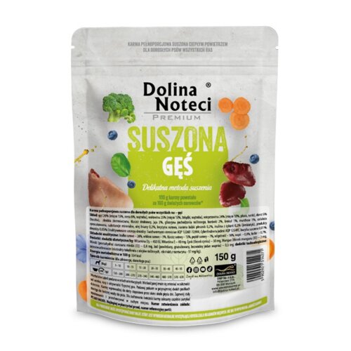 Opakowanie karmy dla psa "Dolina Noteci Premium Suszona Gęś 150 g" z widocznymi ilustracjami warzyw i mięsa oraz tekstem: "Delikatna metoda suszenia". Na dole opakowania znajdują się informacje o składzie i wartościach odżywczych.