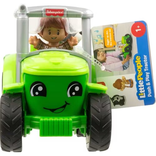 Zielony traktor zabawkowy z uśmiechniętą buzią na przodzie, z figurką dziecka w kabinie, posiada etykietę z napisem "Little People Push & Play Tractor" oraz logo "fisher-price". Na etykiecie widoczna jest także fotografia dziecka bawiącego się traktorem o