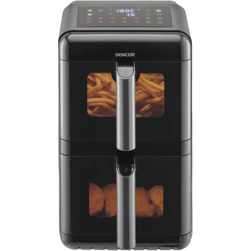 Czarna frytkownica beztłuszczowa z podwójnym koszem i okienkami do obserwacji, na górze panel dotykowy z wyświetlaczem pokazującym temperaturę 180°C. Na urządzeniu widoczne jest logo "SENCOR".