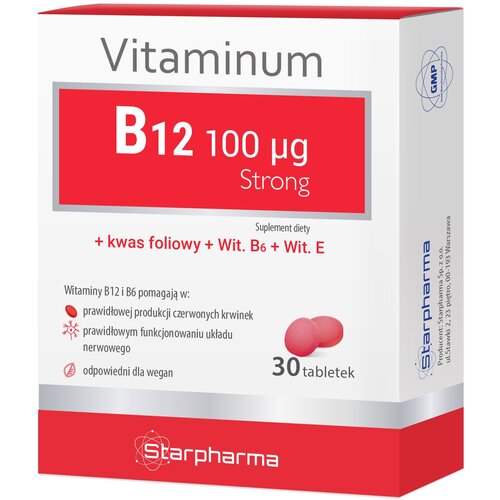Opakowanie suplementu diety "Vitaminum B12 100 μg Strong" zawiera informacje o składnikach: kwas foliowy, witamina B6 i witamina E, oraz wskazania dotyczące wspomagania produkcji czerwonych krwinek i funkcjonowania układu nerwowego. Na opakowaniu widnieje