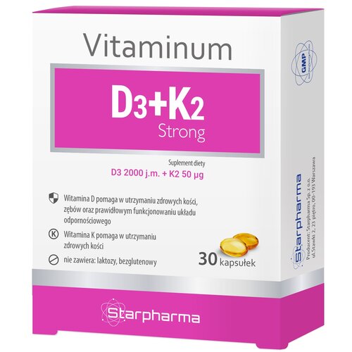 Opakowanie suplementu diety z napisem "Vitaminum D3+K2 Strong" oraz informacją "D3 2000 j.m. + K2 50 µg" na różowym tle. Na dole opakowania znajduje się logo "Starpharma" oraz informacja o zawartości 30 kapsułek, a także tekst o właściwościach witamin D i