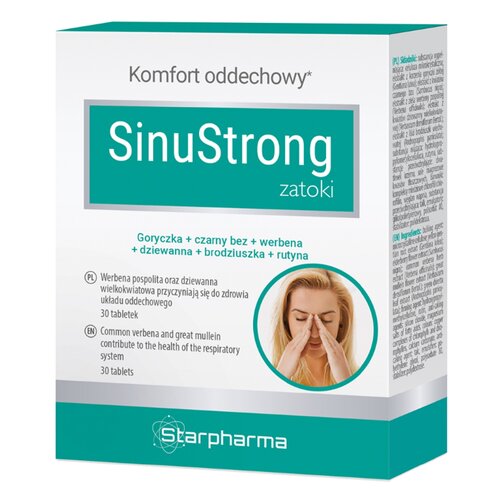 Opakowanie suplementu diety "SinuStrong zatoki" marki Starpharma, z napisem "Komfort oddechowy" oraz listą składników: goryczka, czarny bez, werbena, dziewanna, brodziuszka, rutyna. Na opakowaniu znajduje się również zdjęcie osoby trzymającej palce przy n