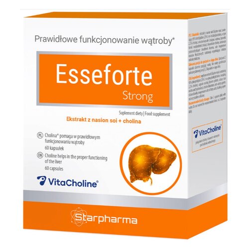 Opakowanie suplementu diety STARPHARMA Esseforte Strong zawiera 60 kapsułek i jest przeznaczone do wspomagania prawidłowego funkcjonowania wątroby. Na opakowaniu widnieje napis: "Prawidłowe funkcjonowanie wątroby", "Ekstrakt z nasion soi + cholina", oraz 