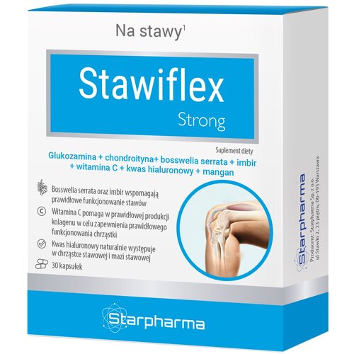 Opakowanie suplementu diety "Stawiflex Strong" na stawy, zawierającego glukozaminę, chondroitynę, boswellię serrata, imbir, witaminę C, kwas hialuronowy i mangan, z grafiką przedstawiającą staw kolanowy. Na opakowaniu widnieje logo "Starpharma" oraz infor