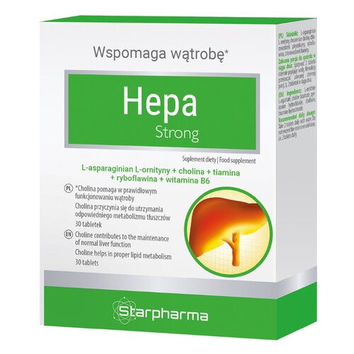 Opakowanie suplementu diety STARPHARMA Hepa Strong zawiera 30 tabletek i jest oznaczone napisem "Wspomaga wątrobę". Na opakowaniu widnieje również skład: "L-asparaginian L-ornityny + cholina + tiamina + ryboflawina + witamina B6" oraz logo Starpharma.