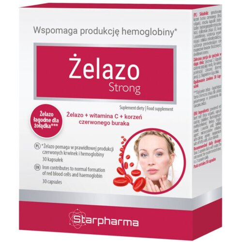 Opakowanie suplementu diety "Żelazo Strong" marki Starpharma, zawierające 30 kapsułek, z napisem "Wspomaga produkcję hemoglobiny" oraz informacją o składnikach: żelazo, witamina C i korzeń czerwonego buraka. Na opakowaniu znajduje się również okrągła graf
