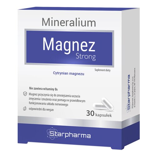 Opakowanie suplementu diety "Magnez STARPHARMA Strong Cytrynian magnezu" zawiera 30 kapsułek i jest oznaczone jako odpowiednie dla wegan. Na opakowaniu widnieje napis: "Nie zawiera witaminy B6. Magnez przyczynia się do zmniejszenia uczucia zmęczenia i znu