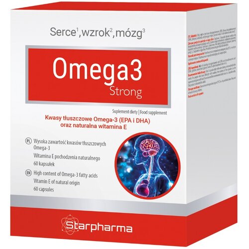 Opakowanie suplementu diety "Omega 3 Strong" marki Starpharma zawiera informacje o wysokiej zawartości kwasów tłuszczowych Omega-3 oraz naturalnej witaminie E, a także ilustrację przedstawiającą schematyczny obraz mózgu i układu nerwowego. Na opakowaniu w