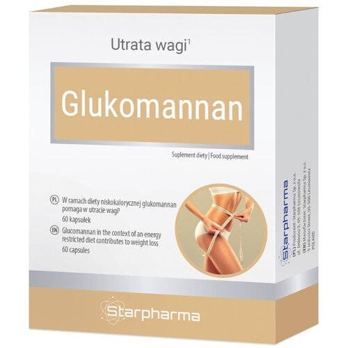 Opakowanie suplementu diety STARPHARMA Glukomannan zawiera tekst "Utrata wagi¹" oraz "Glukomannan" na tle prostokąta, a poniżej znajduje się zdjęcie osoby mierzącej obwód talii miarką. Na opakowaniu widnieje również informacja w języku polskim i angielski