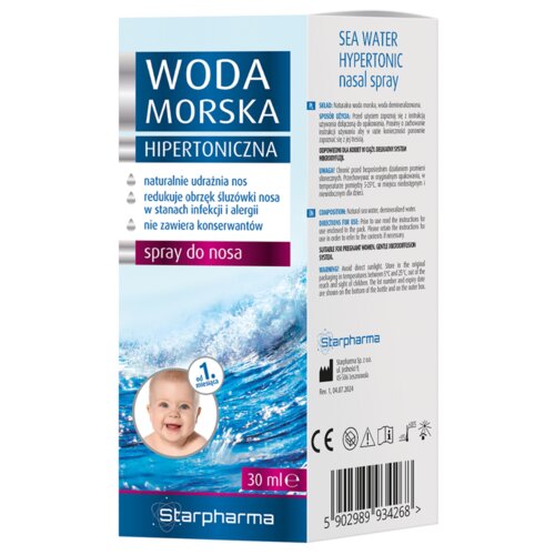 Opakowanie sprayu do nosa z napisem "Woda Morska Hipertoniczna" oraz "spray do nosa", zawiera informacje o naturalnym udrażnianiu nosa, redukcji obrzęku śluzówki i braku konserwantów. Na opakowaniu widoczne jest logo Starpharma, zdjęcie uśmiechniętego dziecka oraz kod kreskowy z numerem 5 902989 934268.