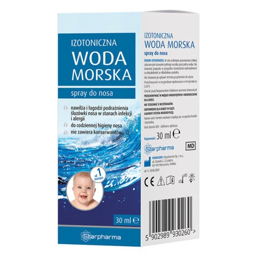 Opakowanie produktu "Spray do nosa STARPHARMA Izotoniczna woda morska (30 ml)" z widocznym tekstem: "IZOTONICZNA WODA MORSKA spray do nosa", "nawilża i łagodzi podrażnienia śluzówki nosa w stanach infekcji i alergii", "do codziennej higieny nosa", "nie zawiera konserwantów", oraz logo Starpharma. Na opakowaniu znajduje się również zdjęcie uśmiechniętego dziecka i kod kreskowy.