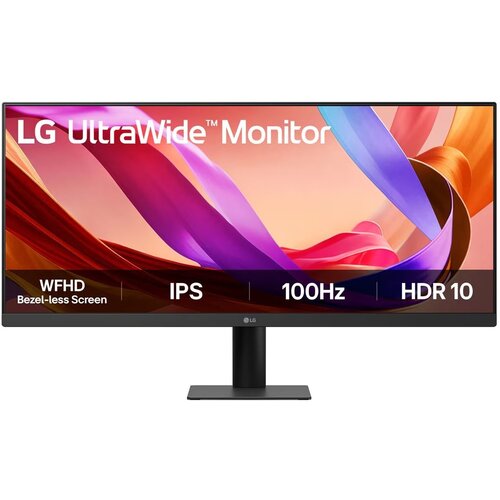 Monitor LG UltraWide z cienkimi ramkami, wyświetlający kolorową grafikę z tekstem: "LG UltraWide Monitor". Na dole ekranu widoczne są napisy: "WFHD Bezel-less Screen", "IPS", "100Hz", "HDR 10".