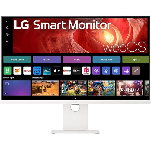 Monitor LG Smart 37U730SA-W 37" wyświetla interfejs systemu webOS z widocznymi aplikacjami takimi jak Netflix, Prime Video, Disney+, YouTube oraz Apple TV. Na ekranie znajdują się także kategorie: Home Office, Games, Music, Home Hub i Sports, a poniżej se