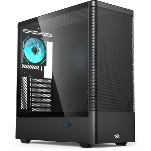 Czarna obudowa komputerowa z przezroczystym panelem bocznym, przez który widać podświetlony na niebiesko wentylator. Na przednim panelu znajdują się porty USB, przyciski oraz logo producenta w kształcie smoka.