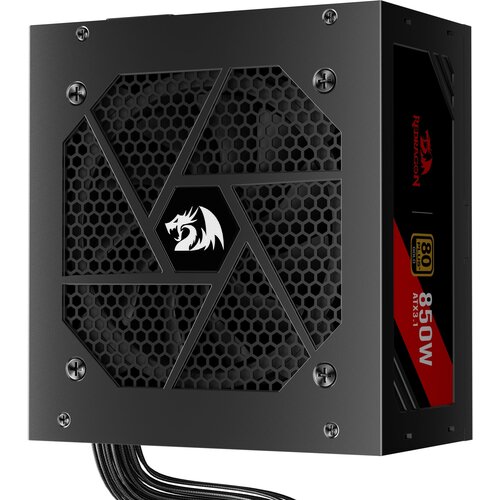 Czarny zasilacz komputerowy z widocznym logo smoka na kratce wentylatora oraz oznaczeniami "80 Plus Gold" i "850W ATX3.1" na boku. Na boku zasilacza znajduje się również napis "REDRAGON".