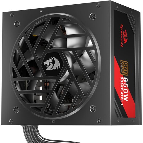 Czarny zasilacz komputerowy z widocznym wentylatorem i logo smoka na kratce. Na boku zasilacza znajduje się czerwony pasek z tekstem: "REDRAGON 80 Plus Bronze 650W Guard ATX3.1".