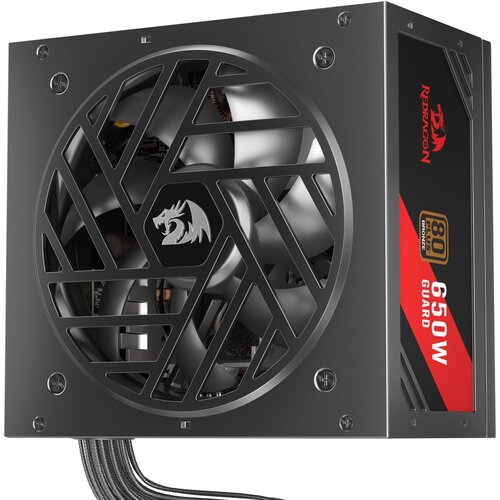 Czarny zasilacz komputerowy z widocznym wentylatorem i logo smoka na kratce. Na boku urządzenia znajduje się napis: "REDRAGON 80 Plus Bronze 650W Guard".