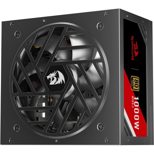Czarny zasilacz komputerowy z widocznym wentylatorem i logo smoka na kratce. Na boku zasilacza znajduje się napis "REDRAGON", oznaczenie "80 Plus Gold" oraz "1000W ATX3.1".