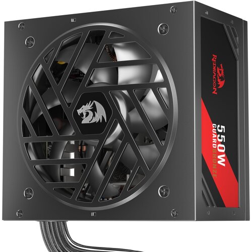 Czarny zasilacz komputerowy z widocznym wentylatorem i logo smoka na kratce. Na boku zasilacza znajduje się czerwony napis: "REDRAGON 550W GUARD BRONZE".