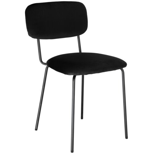 Czarne krzesło z welurowym obiciem, posiadające metalowe nogi i prostokątne oparcie. Krzesło ma minimalistyczny design i jest widoczne na białym tle.