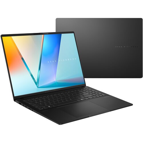 Na zdjęciu widoczny jest otwarty laptop z kolorowym ekranem, na którym wyświetlany jest napis "ASUS VIVOBOOK", oraz zamknięta pokrywa z napisem "ASUS VIVOBOOK". Laptop ma czarną klawiaturę i smukłą konstrukcję.