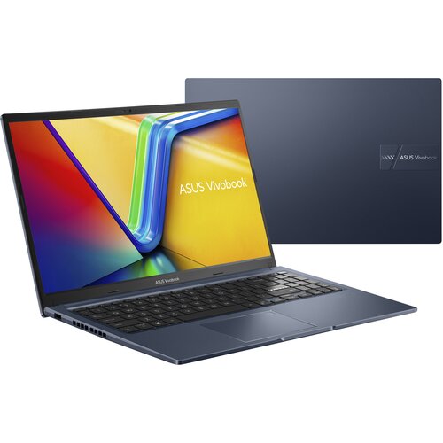Na zdjęciu widoczny jest otwarty laptop z kolorowym ekranem, na którym wyświetlony jest napis "ASUS Vivobook", oraz zamknięta pokrywa z logo "ASUS Vivobook". Laptop ma ciemną obudowę i klawiaturę z wyraźnie widocznymi klawiszami.