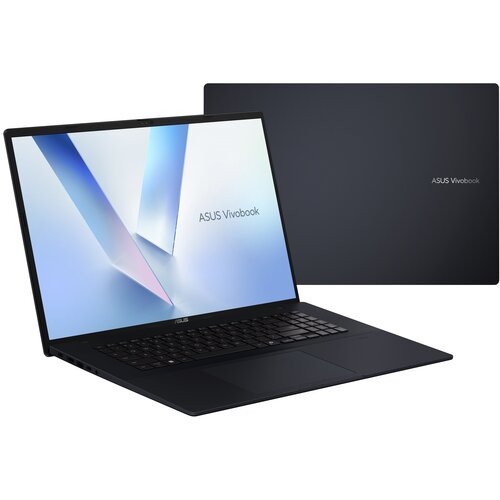 Na zdjęciu widoczny jest laptop z otwartym ekranem, na którym wyświetla się napis "ASUS Vivobook" na tle gradientu w odcieniach niebieskiego i różowego. Obok znajduje się zamknięta pokrywa laptopa z napisem "ASUS Vivobook".