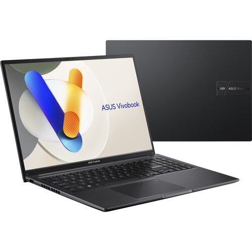 Laptop z otwartym ekranem i widoczną klawiaturą, na ekranie wyświetla się kolorowa grafika z napisem "ASUS Vivobook". Obok laptopa znajduje się jego zamknięta pokrywa z logo "ASUS Vivobook".