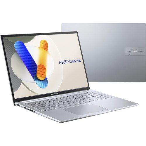 Laptop z otwartym ekranem i widoczną klawiaturą, na ekranie wyświetla się napis "ASUS Vivobook" na tle kolorowych kształtów. Obok znajduje się zamknięta pokrywa laptopa z logo "ASUS Vivobook".