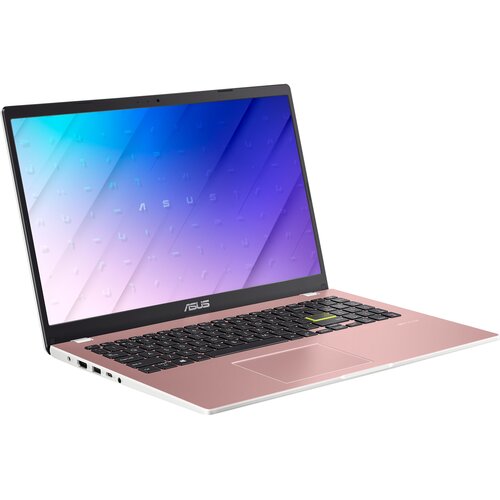 Różowy laptop z otwartym ekranem, na którym widoczny jest gradient od niebieskiego do fioletowego z napisem "ASUS". Klawiatura jest czarna, a na obudowie pod ekranem znajduje się logo "ASUS".