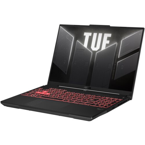 Laptop z podświetlaną na czerwono klawiaturą i ekranem wyświetlającym napis "TUF". Na obudowie pod ekranem widoczne jest logo "ASUS".