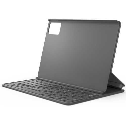 Szare etui na tablet z wbudowaną klawiaturą, posiada wycięcie na aparat w górnej części. Etui jest ustawione w pozycji stojącej, umożliwiającej wygodne korzystanie z klawiatury.