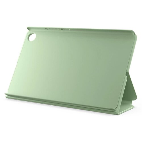 Zielone etui na tablet w formie stojaka, z otworem na aparat w górnym rogu. Etui ma gładką powierzchnię i jest ustawione w pozycji umożliwiającej podparcie tabletu.