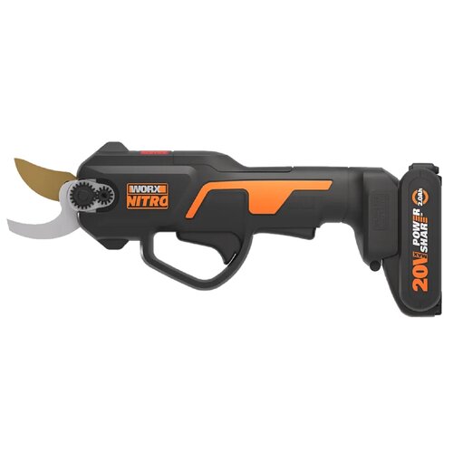 Czarny sekator akumulatorowy z pomarańczowymi akcentami, oznaczony napisem "WORX NITRO" oraz "20V Power Share 2.0Ah". Sekator posiada widoczne ostrze i mechanizm zębatkowy.