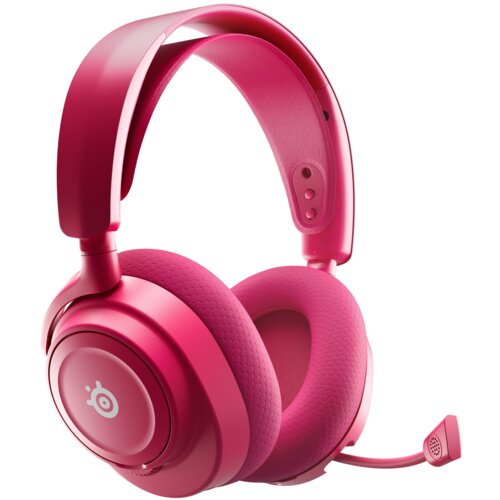 Różowe słuchawki nauszne z mikrofonem, z widocznym logo SteelSeries na nauszniku. Pałąk i poduszki nauszników mają teksturowaną powierzchnię.