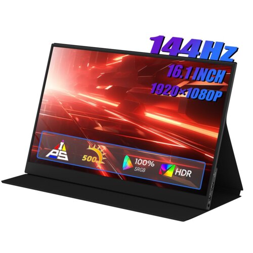 Monitor z wyświetlaczem o przekątnej 16,1 cala, rozdzielczości 1920x1080 pikseli, częstotliwości odświeżania 144Hz i czasie reakcji 3 ms, z widocznymi oznaczeniami: "IPS", "500", "100% sRGB" oraz "HDR". Tło ekranu jest czerwone z dynamicznymi, świetlnymi 