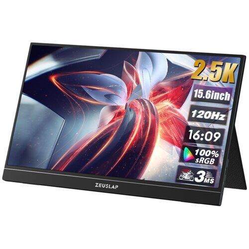 Monitor z wyświetlaczem prezentującym abstrakcyjną grafikę w żywych kolorach, z widocznymi specyfikacjami: "2.5K", "15.6inch", "120Hz", "16:09", "100% sRGB", "3MS". Na dolnej ramce monitora znajduje się logo "ZEUSLAP".