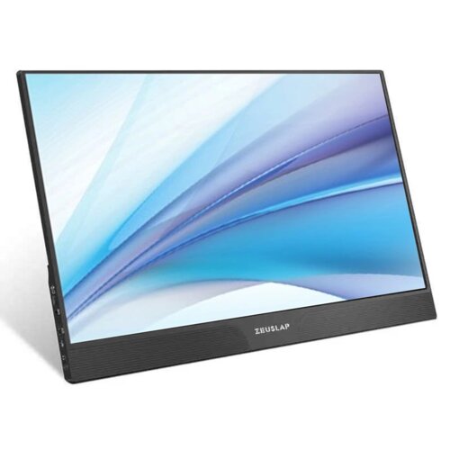 Monitor ZEUSLAP Z15ST 15" z wyświetlaczem o rozdzielczości 1920x1080px IPS i czasie reakcji 4 ms, prezentuje abstrakcyjną grafikę w odcieniach niebieskiego i białego. Na dolnej ramce widoczne jest logo "ZEUSLAP".