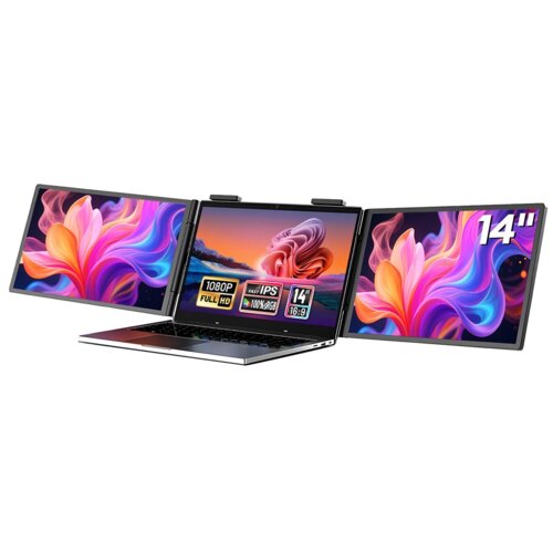 Laptop z trzema ekranami, z których każdy wyświetla kolorową grafikę z abstrakcyjnymi kształtami. Na środkowym ekranie widoczne są napisy: "1080P FULL HD", "FAST IPS", "100% sRGB", "14”", "16:9", a na prawym ekranie napis "14”".