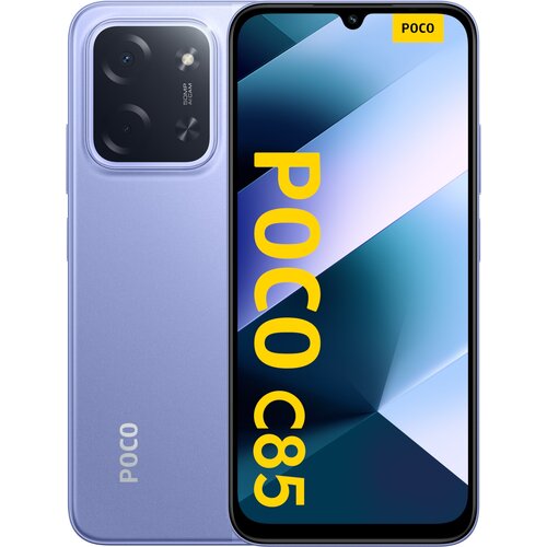 Na zdjęciu widoczny jest fioletowy smartfon z dużym ekranem, na którym wyświetlony jest napis "POCO C85" w żółtym kolorze. W lewym górnym rogu ekranu znajduje się małe logo "POCO", a na obudowie telefonu widoczny jest napis "POCO" oraz moduł aparatu z ozn