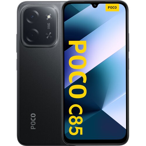 Na zdjęciu widoczny jest czarny smartfon z dużym ekranem, na którym wyświetlony jest napis "POCO C85" w żółtym kolorze. Obok ekranu znajduje się tył urządzenia z widocznym logo "POCO" oraz modułem aparatu z napisem "50MP AI Camera".